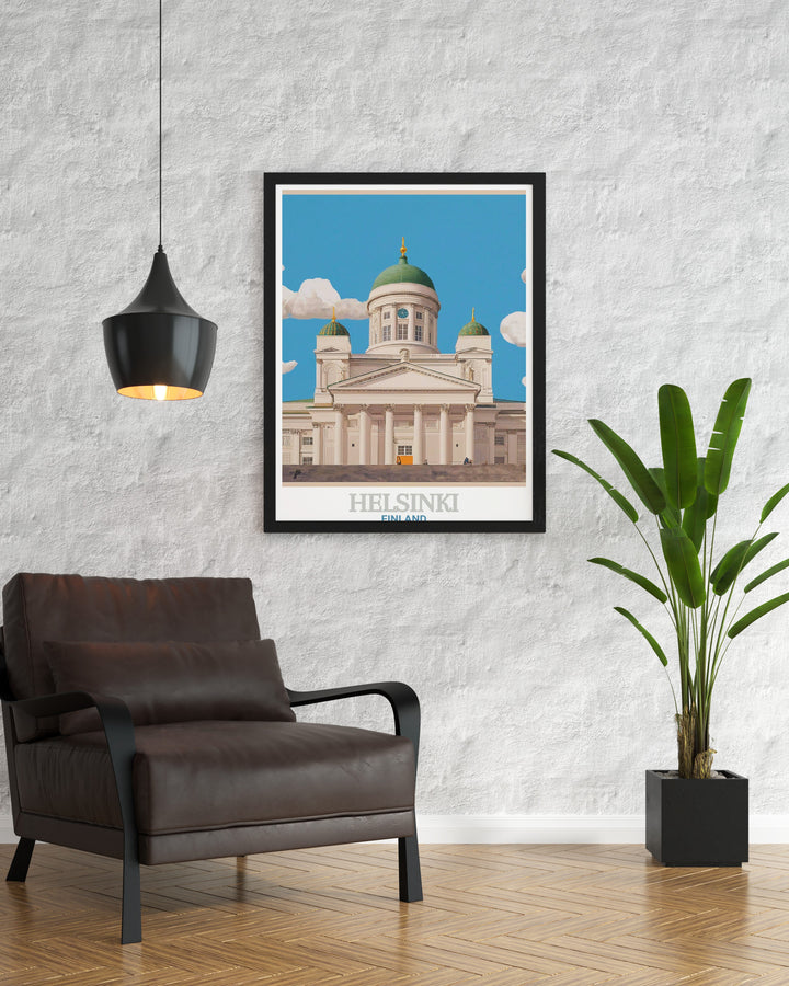 This Helsinki wall print captures the iconic Helsinki Cathedral, offering a detailed look at one of Finlands most famous architectural landmarks. Perfect for lovers of travel art, this poster adds a touch of Scandinavian elegance to your home.