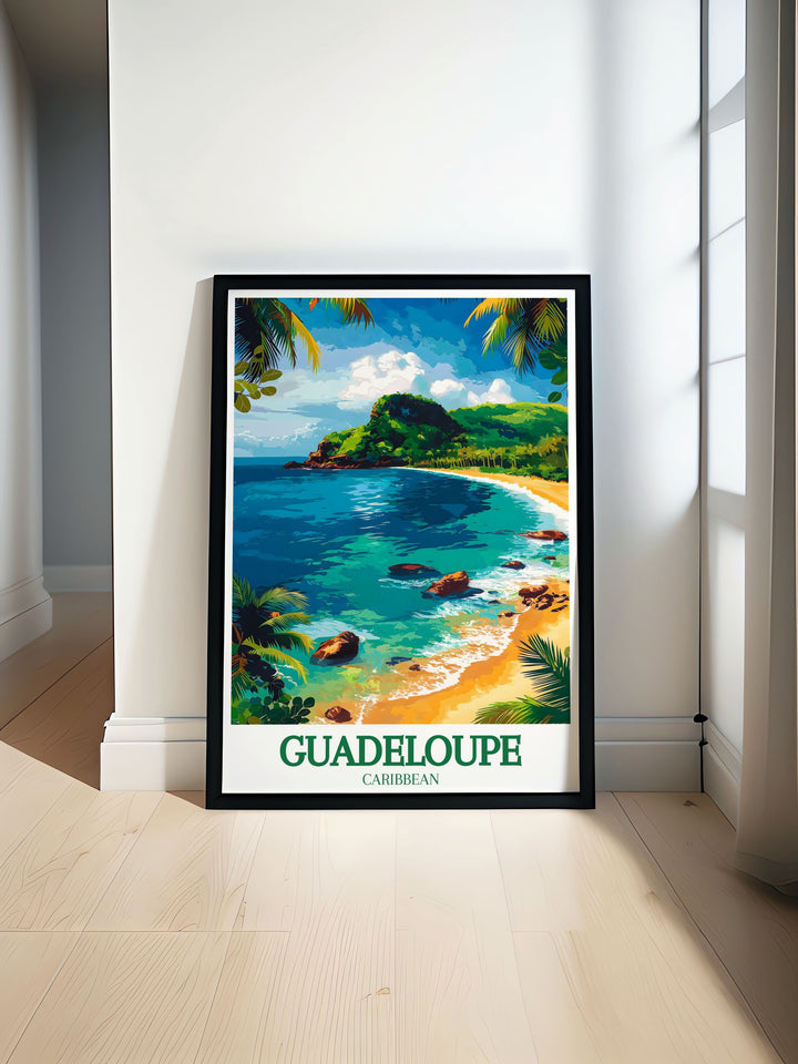 This travel poster captures the pristine beauty of Grand Anse Beach in Guadeloupe, showcasing its white sand and crystal clear waters. Perfect for beach lovers, this artwork brings the calming essence of the Caribbean into your home decor.