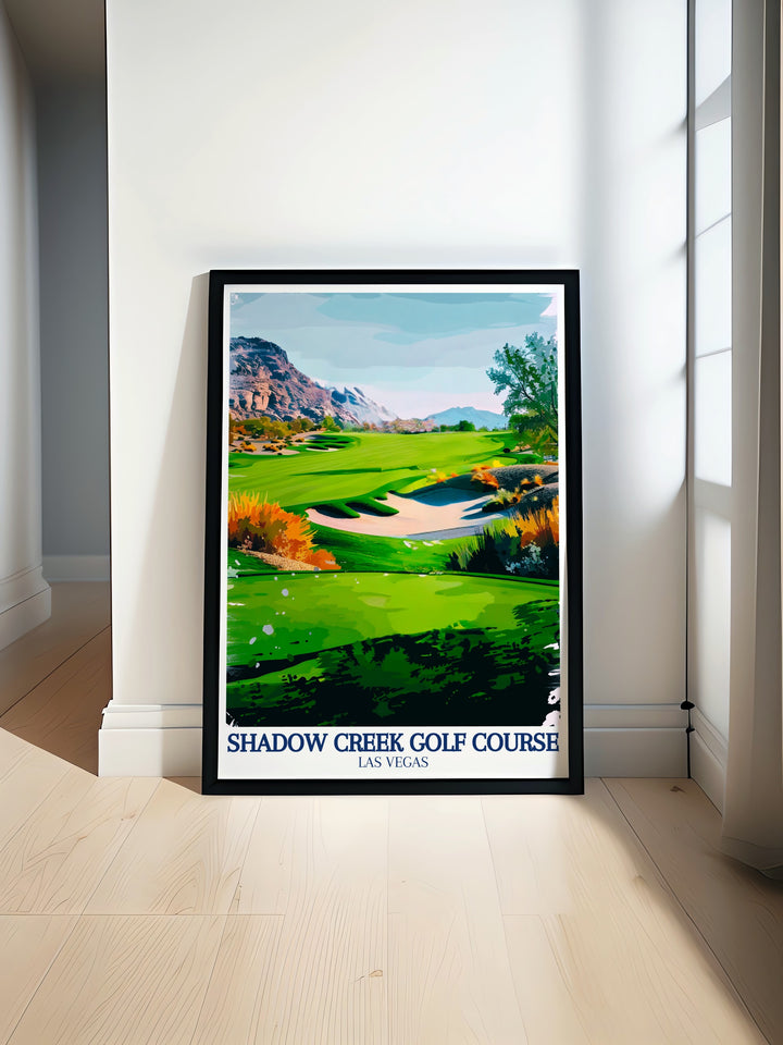 This canvas art print features Shadow Creek Golf Course, set against the vast backdrop of the Nevada desert and Black Mountain. The vivid greens and stunning mountain scenery make this a must-have piece for anyone who appreciates golf’s finest locations. Perfect for adding a touch of nature to your wall decor.