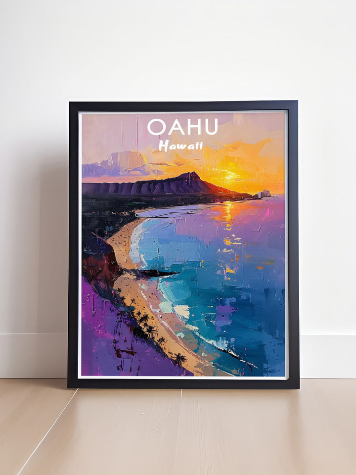 Add a touch of elegance to your living space with modern art decor showcasing Diamond Head. These framed prints capture the iconic silhouette of one of Hawaiis most famous landmarks.