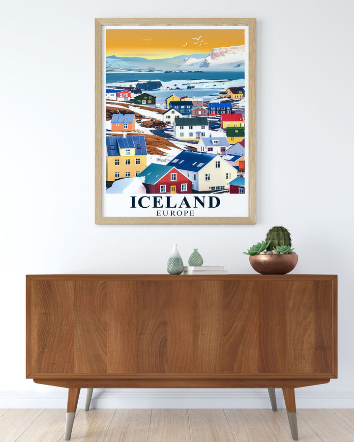 Canvas art depicting the picturesque town of Ísafjörður, with its vibrant fishing industry and beautiful natural landscapes, perfect for bringing a touch of Icelandic charm to your home.