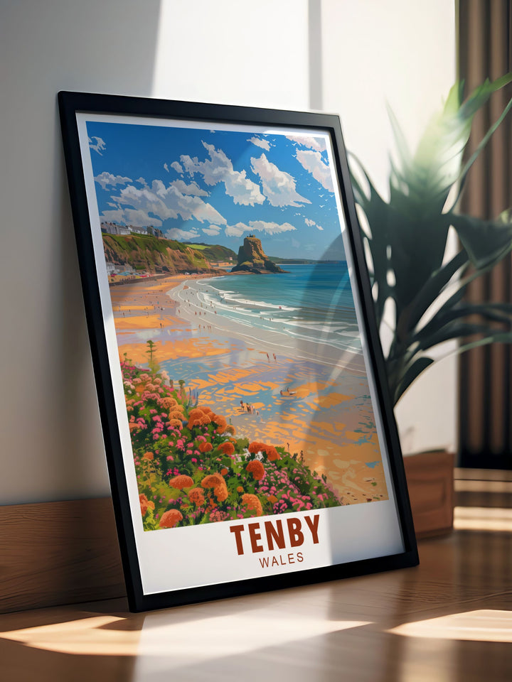 Tenby North Beach framed print featuring the iconic Tenby Castle and sweeping views of the Pembrokeshire Coast. This artwork is ideal for those who love coastal decor and want to bring the beauty of Wales into their home.