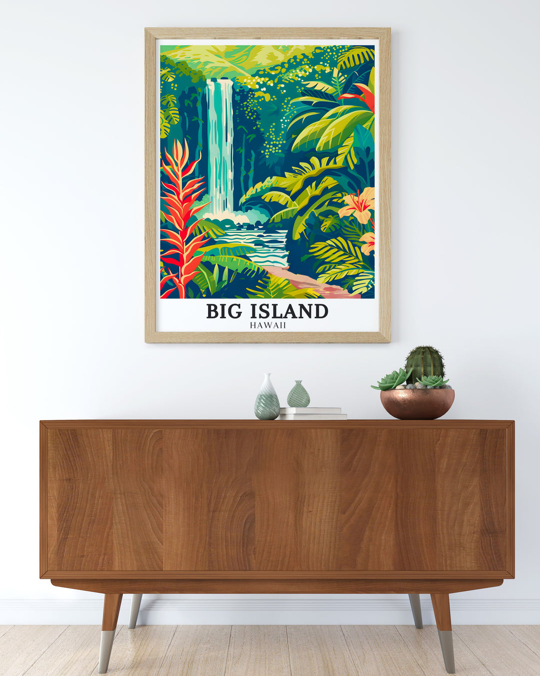 Discover the serene beauty of Akaka Falls at Akaka Falls State Park with this Hawaii travel poster. This Big Island decor piece is an ideal choice for those who love Hawaii travel gifts and want to bring the islands charm into their home.