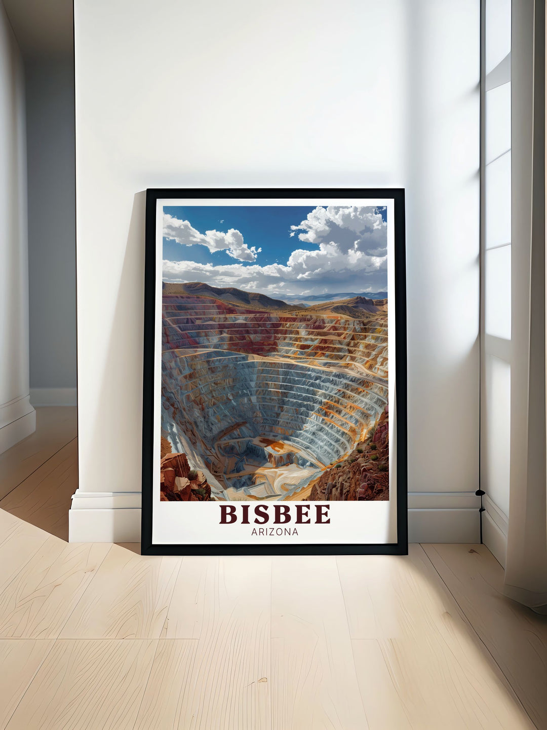 Lavendar Pits wall art showcasing the vibrant colors and history of Bisbee Arizona. This Arizona artwork is perfect for home decor or as a thoughtful Arizona travel gift bringing the beauty of the Lavendar Pits into any room.