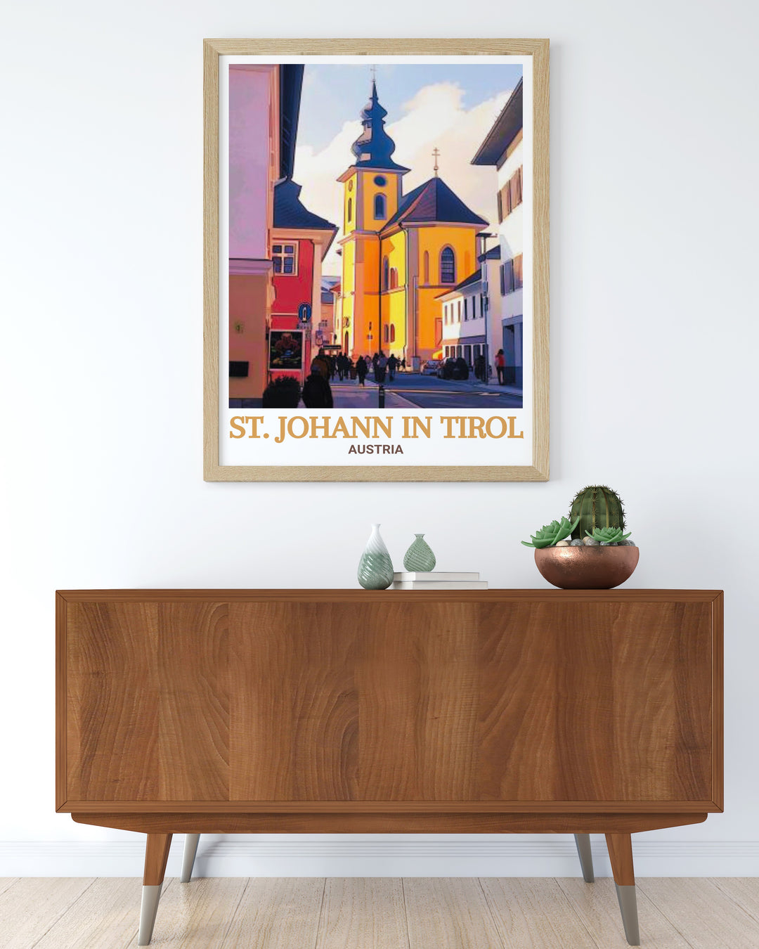 St. Johann in Tirol and the majestic St. Johann Parish Church are beautifully depicted in this Austria travel poster. Bring a touch of Austrias cultural heritage and natural beauty to your home with this stunning wall art.