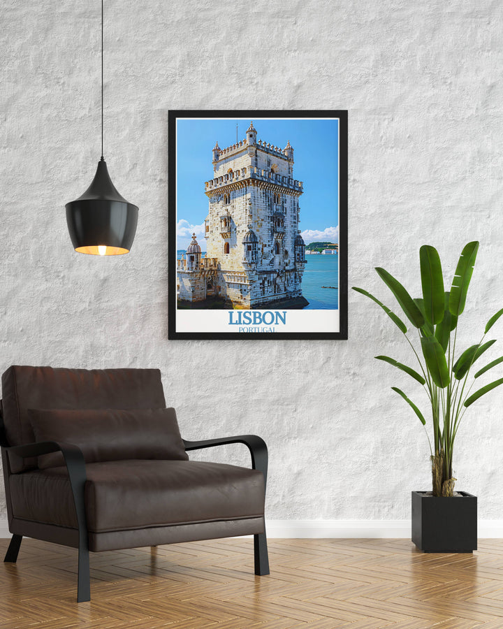 Our Portugal print of the Belem Tower Torre de Belem is a stunning representation of Lisbons most famous architectural masterpiece. This wall art captures the essence of Portuguese heritage and design.