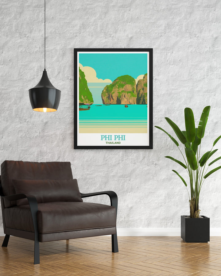 Thailand travel poster featuring the stunning Phi Phi Islands and Maya Bay, with lush green landscapes and clear blue waters. This detailed wall print is a perfect addition to any home, offering a serene and exotic escape right on your walls.