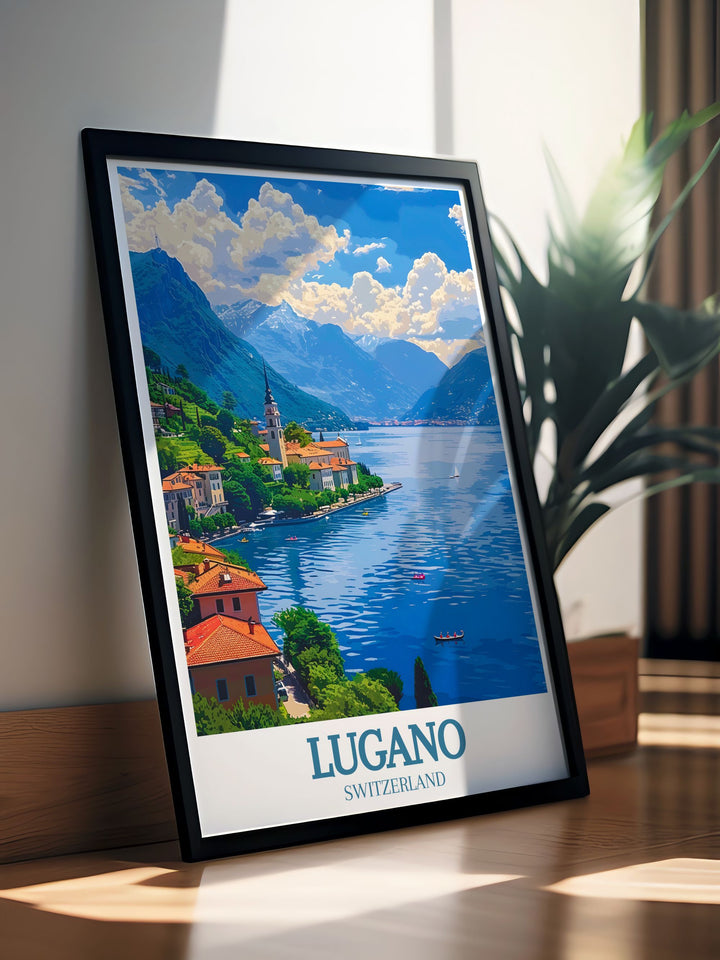 Highlighting the stunning architecture and vibrant culture of Lugano, this travel poster features its charming old town and beautiful lake views. Perfect for history and architecture enthusiasts.