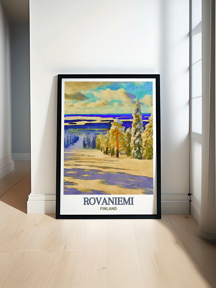 A detailed art print of Rovaniemi, Finland, focusing on the iconic Ounasvaara Ski Resort. The artwork beautifully captures the snow laden trees and crisp winter air, making it a stunning addition to any winter themed decor.