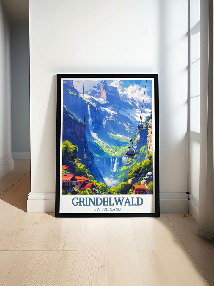 A stunning illustration of Eiger mountain Grindelwald First showcasing the majestic peaks of the Swiss Alps. Perfect for Grindelwald decor this wall art captures the beauty of the mountain village and Alpine skiing adventures.