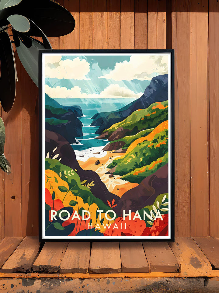 Hawaii art decor featuring the tranquil beauty of Wainapanapa State Park and the scenic Road to Hana. These pieces are perfect for bringing a sense of adventure and serenity into your living space, ideal for tropical decor lovers.