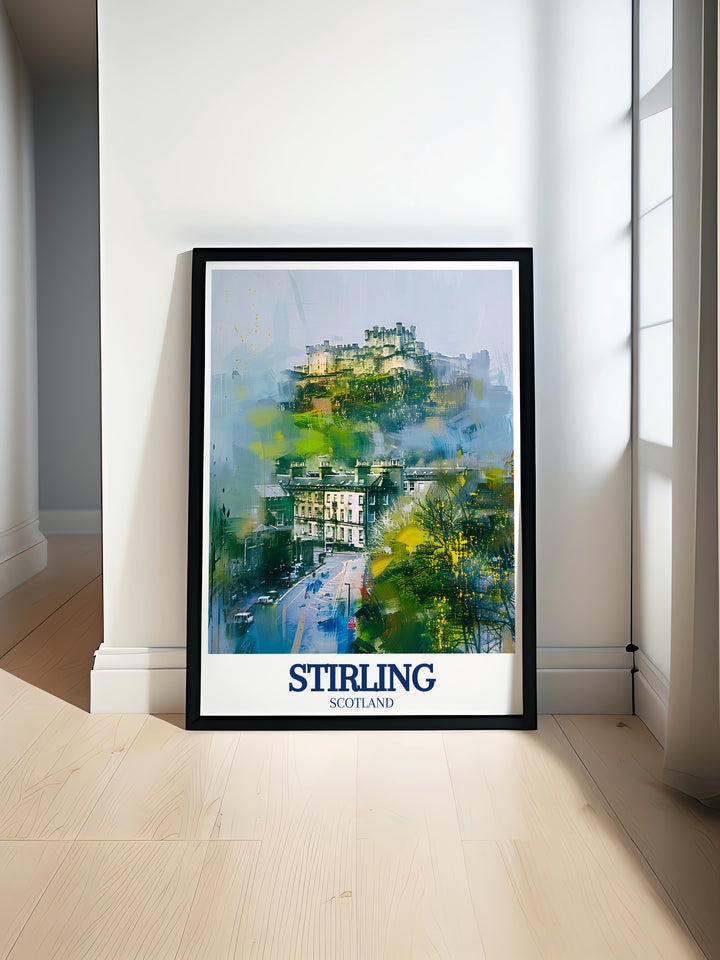 Our detailed art print of Stirling Castle, set against the backdrop of Stirling Hill, captures the essence of Scotlands rich heritage. The artworks intricate details and stunning landscape make it perfect for adding a touch of Scottish history to any room or office space.