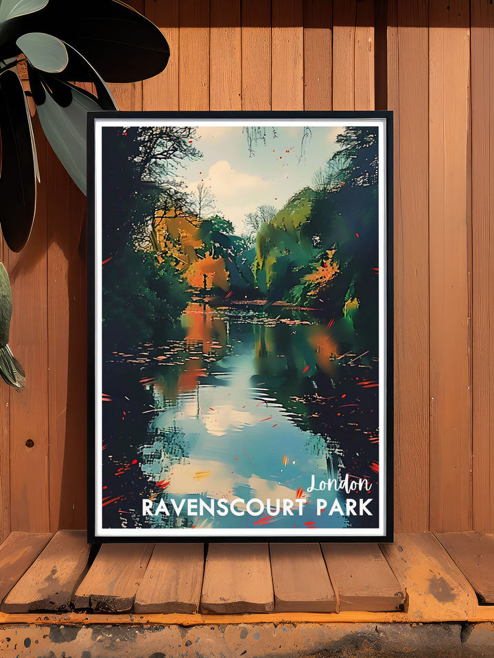 Ravenscourt Park Lake Artwork depicting the tranquil lake, lush vegetation, and historic plane trees. This London Travel Print is ideal for enhancing your home decor with a serene and elegant touch, making it a great addition to your art collection or a thoughtful gift.