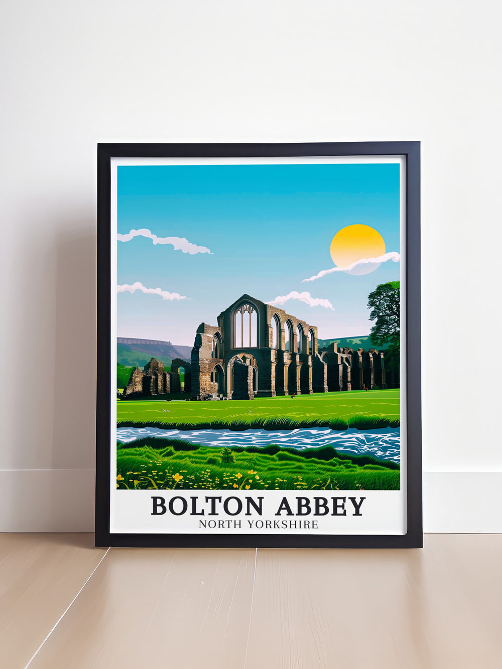 This custom print of Bolton Abbey and the River Wharfe offers a unique glimpse into the past, showcasing Yorkshires heritage in exquisite detail. Perfect for gifting or personal collection, it celebrates the enduring beauty of one of Englands most iconic landmarks