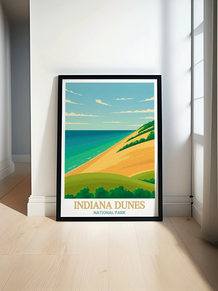 This Indiana Dunes State Park art print showcases the scenic landscapes of the dunes and surrounding nature. A wonderful piece of décor for anyone who loves national parks, it also makes a thoughtful gift for travel lovers.