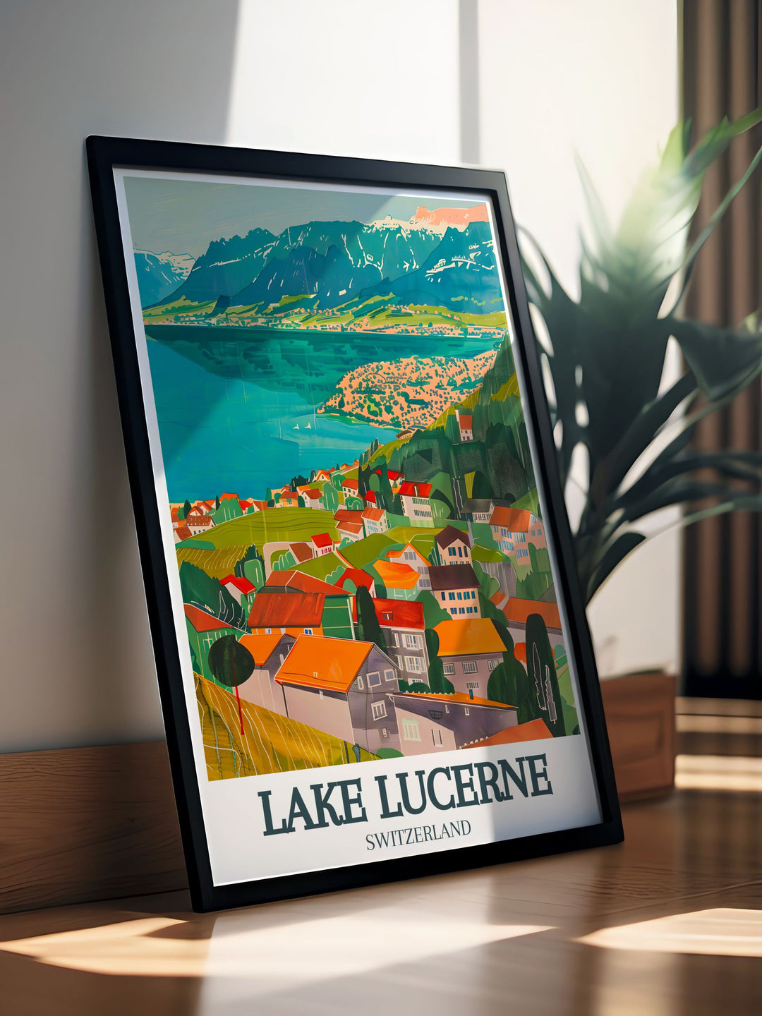 Add elegance to your home with this Lake Lucerne print showcasing Lucerne Old Town and Swiss Alps. This Switzerland decor is perfect for transforming any space into a serene and beautiful place with the charm of Swiss architecture and natural beauty.