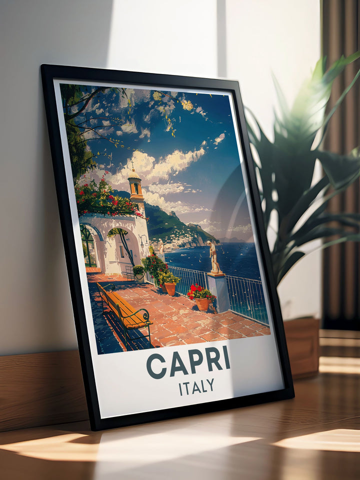 This detailed travel poster captures the timeless elegance of Villa San Michele in Capri, Italy, highlighting its beautiful architecture and lush gardens, making it a perfect addition to any home decor. Ideal for lovers of Italian landmarks and historical sites.