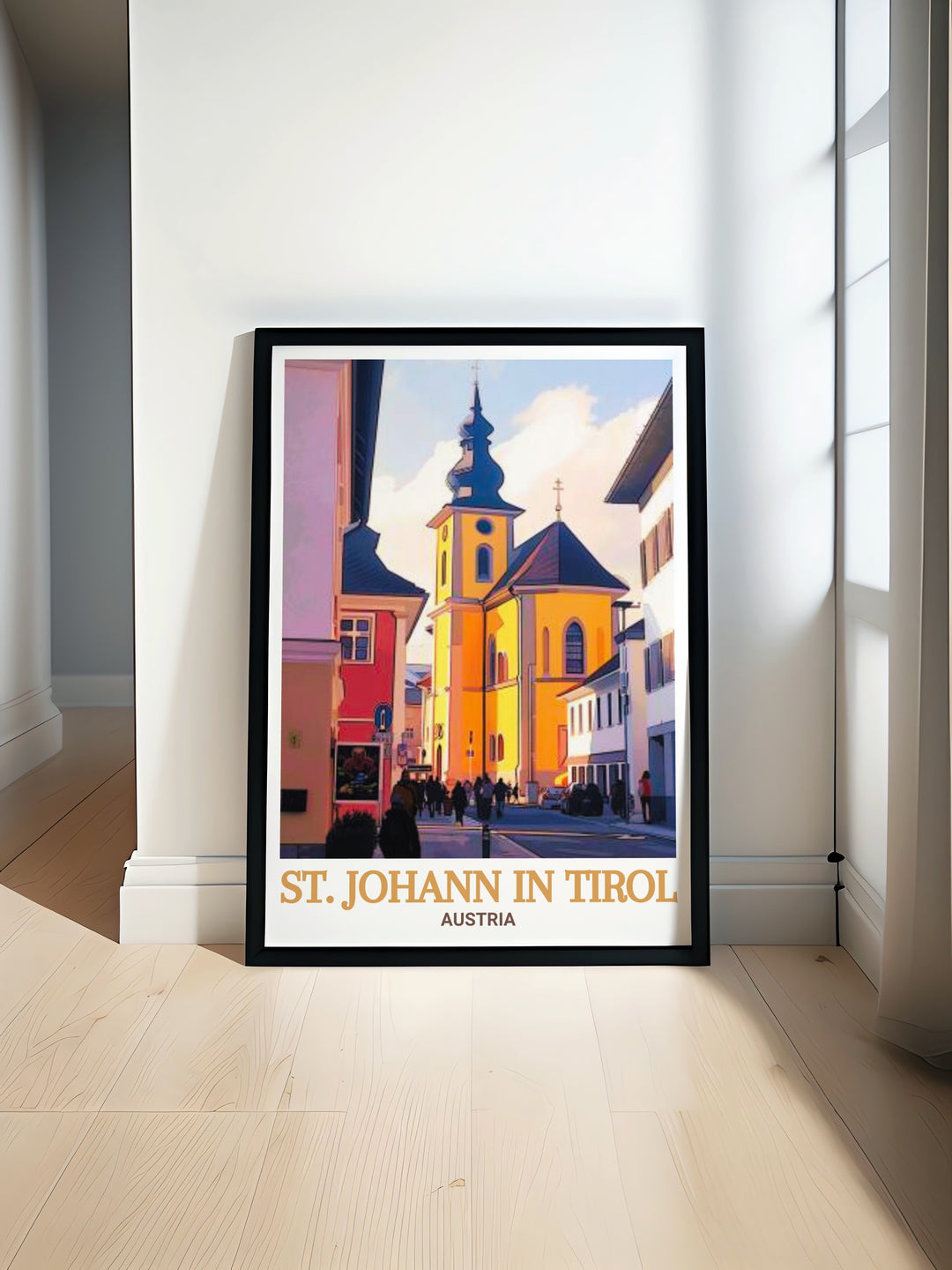 This Austria travel print showcases the peaceful landscapes of St. Johann in Tirol and the striking St. Johann Parish Church. A perfect Austria wall art for those who admire nature and architecture, this print offers a timeless appeal.