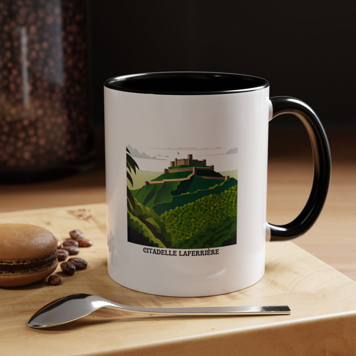 This Laferriere Citadel Haiti mug celebrates the majestic Haitian landmark with vibrant artwork. It is microwave-safe and dishwasher-safe, combining practicality and artistic beauty for daily use or as a meaningful souvenir.