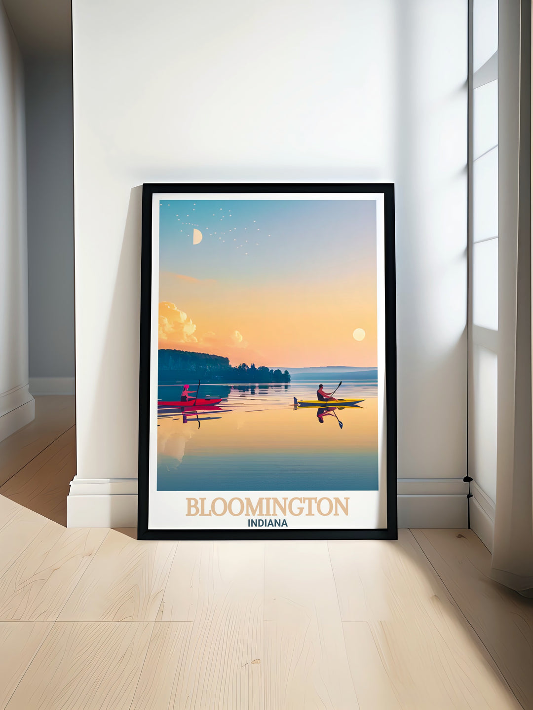 Lake Monroe vintage poster showcasing the serene and picturesque landscape of Bloomington Indiana with tranquil waters and lush surroundings perfect for home decor and personalized gifts with a vibrant color palette highlighting the natural beauty of the area
