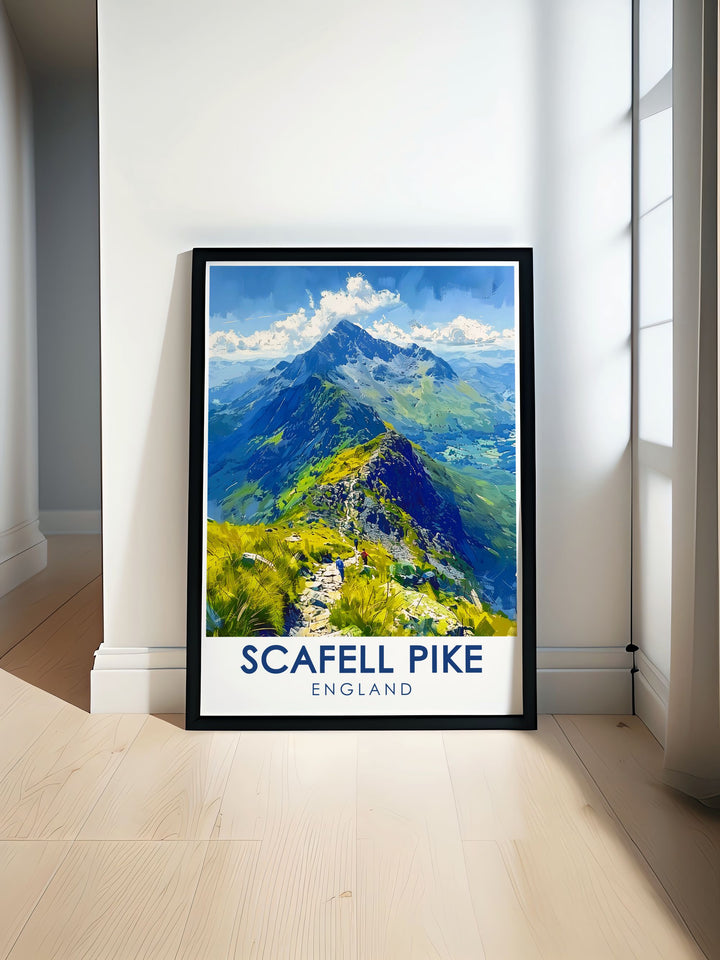 Celebrate Englands natural beauty with this Scafell Pike travel poster, featuring the challenging and scenic Corridor Route. This artwork makes an excellent addition to any room and is a thoughtful gift for those who cherish the outdoors and adventure.