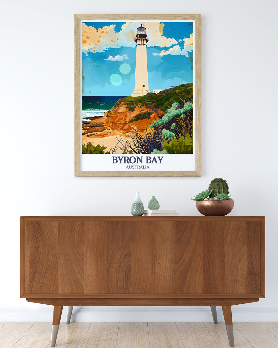 Byron Bay Decor featuring Main Beach and Byron Bay Lighthouse ideal for enhancing your home or office. This colorful art print brings the iconic views of Byron Bay into your space creating a captivating focal point.