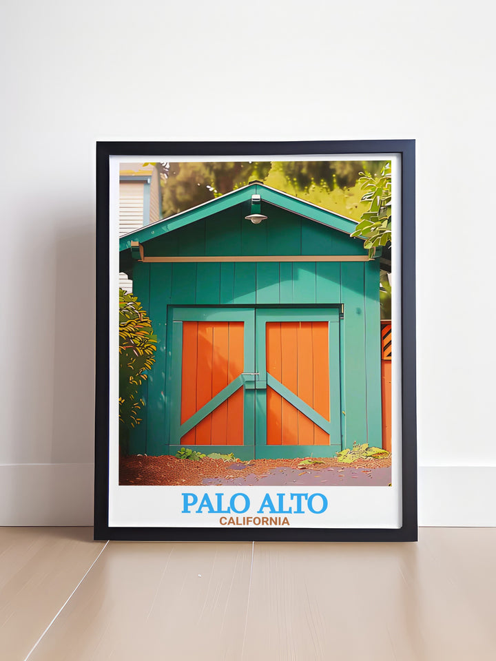Stunning Palo Alto cityscape with the Hewlett Packard Garage landmark. A vintage poster style digital download capturing Palo Altos rich history and innovation through the depiction of the Hewlett Packard Garage and vibrant city colors.