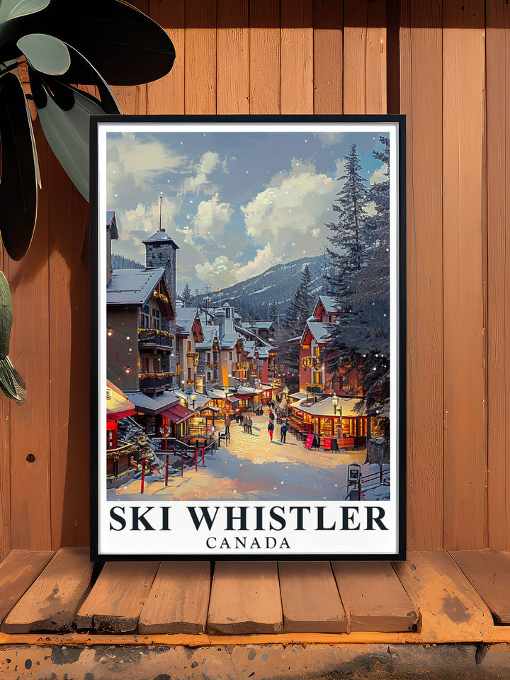 Bring the beauty of Whistler into your home with this detailed poster, highlighting the excitement of the slopes and the serene village atmosphere of Whistler, Canada.