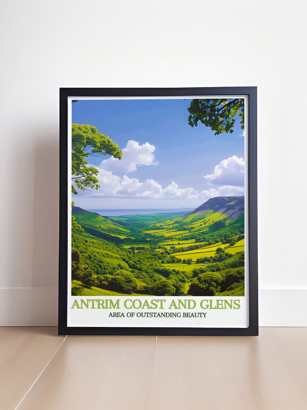 Framed art of the Antrim Coast, capturing the dramatic cliffs and deep green fields of Northern Ireland.