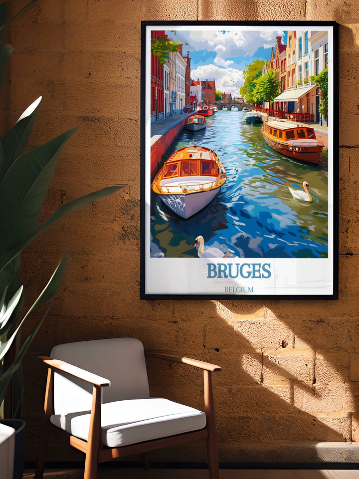 Romantic sunset over the canal of Bruges depicted in vibrant colors on canvas art, perfect for home décor
