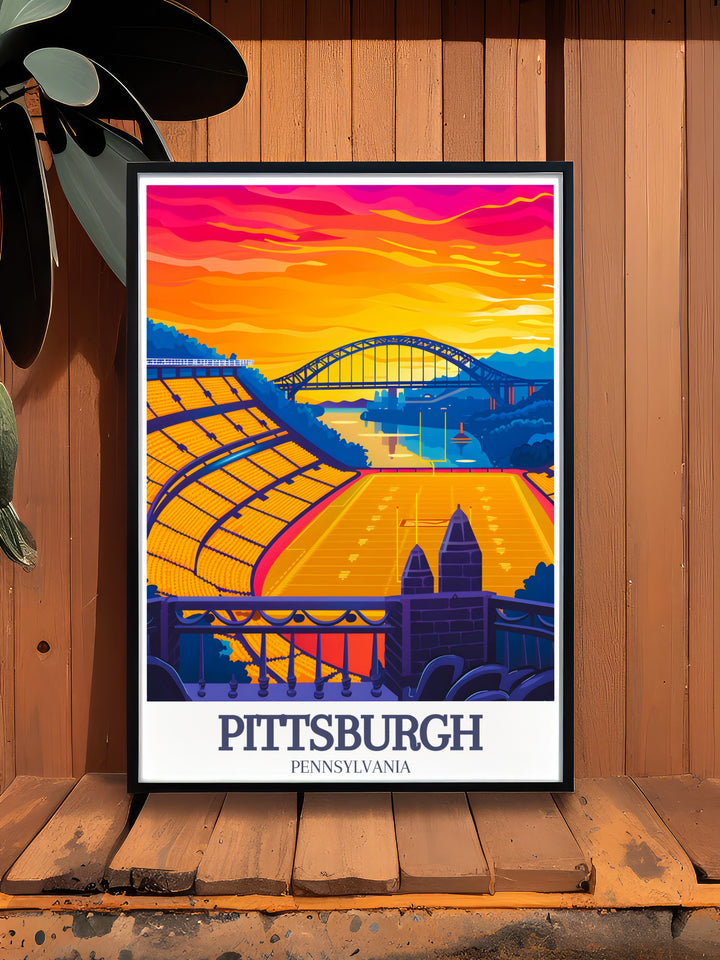 Discover the perfect Pittsburgh gift with a travel poster print of Fort Pitt Bridge and Heinz Field. This Pittsburgh art print makes an exceptional present for any occasion capturing the dynamic essence of the city with a detailed map and photo elements.