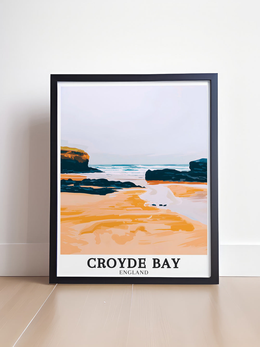 This stunning Croyde Bay poster print showcases the serene beauty of North Devons coastline, featuring the iconic beach and Downend Points majestic cliffs. Perfect for coastal decor or as a gift, this travel poster brings the essence of the UKs rugged natural beauty into any space.