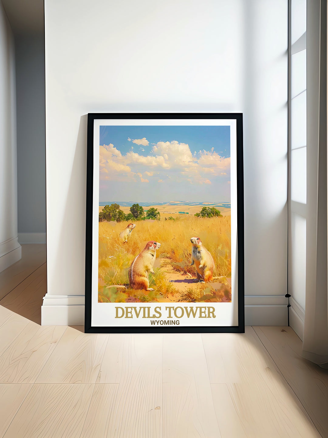 Devils Tower art print featuring Prairie Dog Town in Wyoming creates a stunning combination of natural beauty and wildlife. This elegant wall art is perfect for anyone looking to bring the charm of Wyoming landscapes into their home decor.