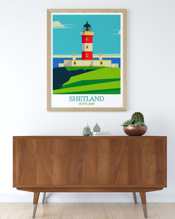 Framed Art of Sumburgh Head Lighthouse in Shetland, Scotland, providing a vibrant and detailed portrayal of the lighthouse and surrounding cliffs. This framed print is an elegant addition to any room and serves as a thoughtful gift for anyone with a passion for Scotlands maritime history.