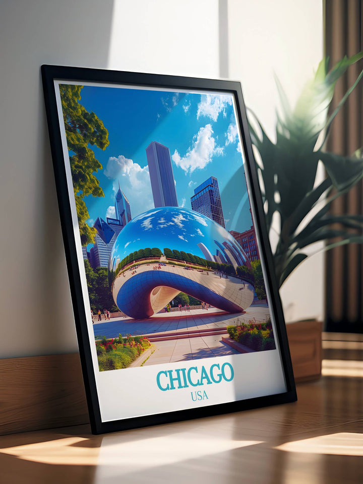 The Bean Cloud Gate wall art showcasing the mesmerizing visual experience of Chicagos famous landmark. This Chicago artwork is perfect for adding sophistication and character to any room.