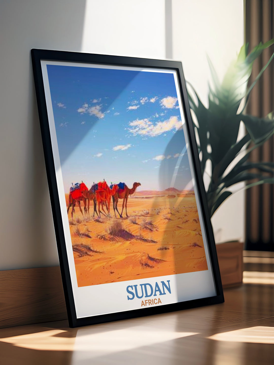 Khartoum Travel Poster Print capturing the lively streets and cultural heritage of Khartoum with the majestic Bayuda Desert in the background. Ideal for personalized gifts and elegant home decor. Beautifully crafted for any occasion.