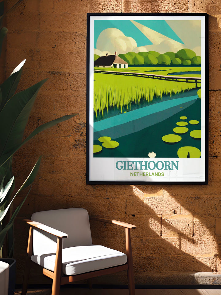 Netherlands travel poster highlighting the scenic beauty of Giethoorn and the Weerribben Wieden National Park. This poster is a perfect addition to any space, offering a glimpse into the peaceful lifestyle of this famous Dutch village and its surrounding natural landscapes.