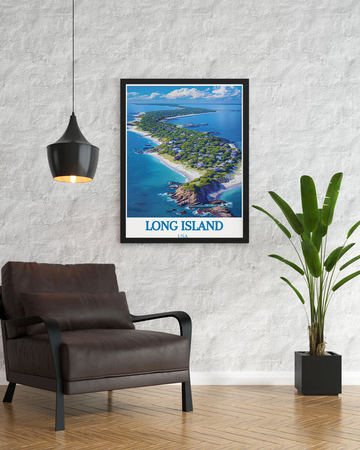 This art print highlights the picturesque scenery of Long Island, from its bustling towns to its tranquil beaches, making it a perfect addition to your coastal art collection.
