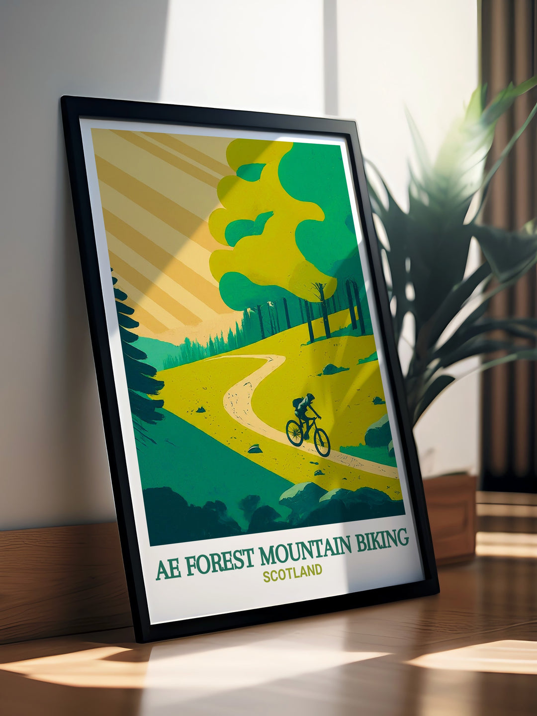 Bring the excitement of Scotlands Ae Forest into your home with this travel poster. A celebration of mountain biking culture, this print illustrates the forests dynamic terrain and its attraction to outdoor adventurers.