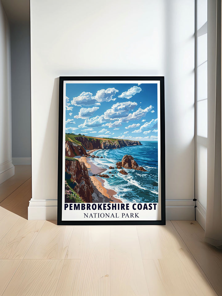 Coastline travel poster showcasing the breathtaking beauty of Pembrokeshire Wales with vibrant colors and an elegant Art Deco style perfect for lovers of vintage travel art and UK national parks making it an ideal addition to any home decor or office space.