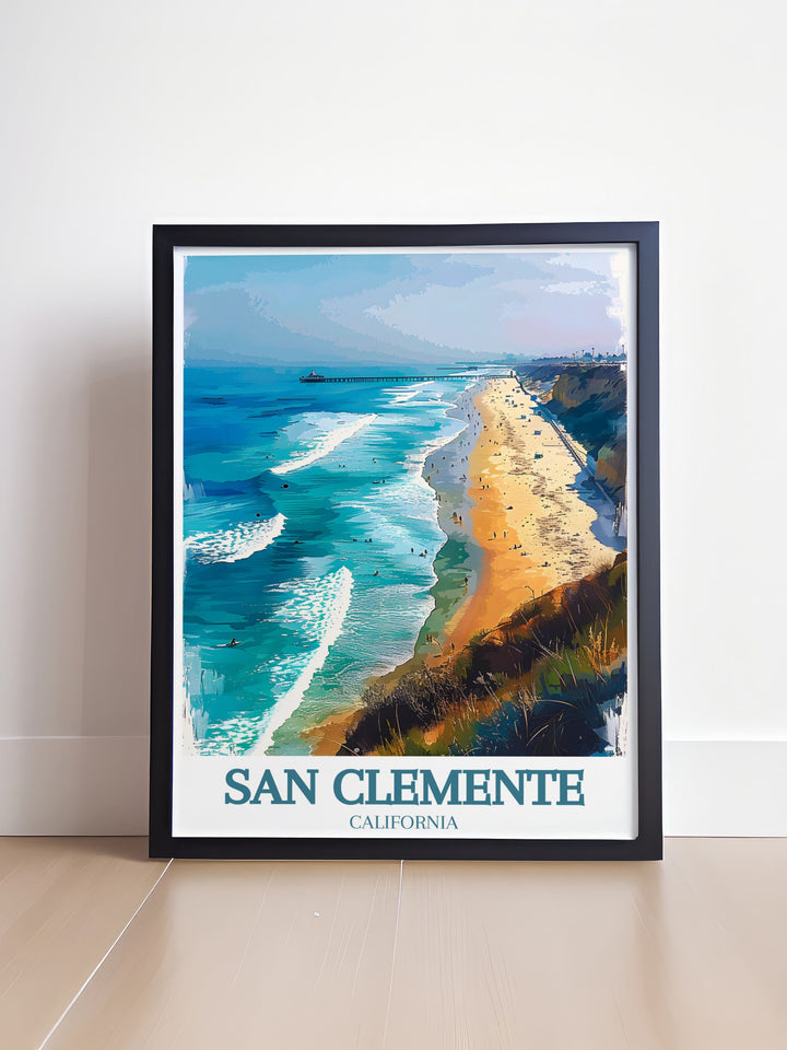 San Clemente Photo Print featuring the San Clemente train rail San Clemente pier. This stunning artwork brings the lively spirit of the city into your home ideal for elegant home decor and gifts.