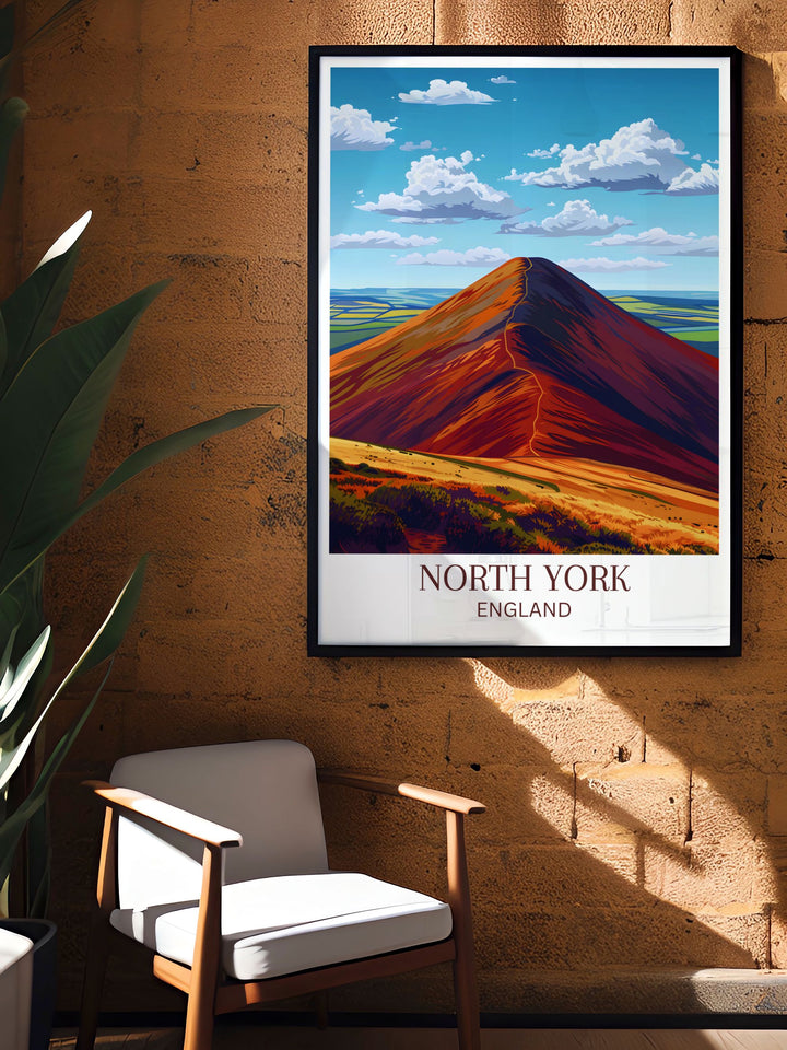 This detailed art print of North York Moors National Park highlights the rugged beauty and serene ambiance of the heather clad hills, perfect for nature lovers and art enthusiasts alike.