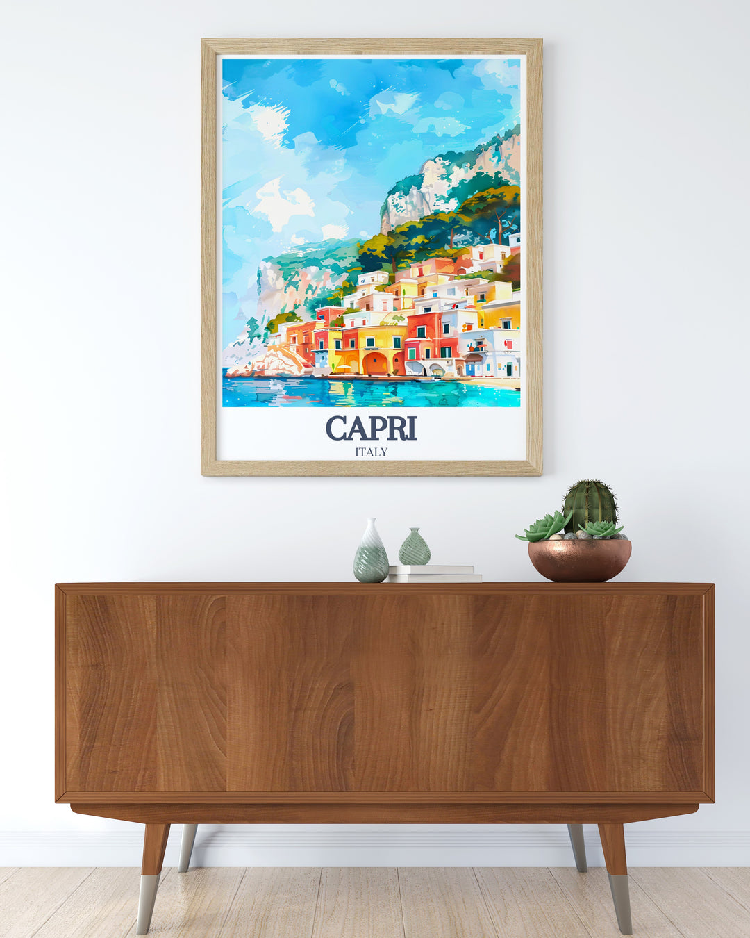 Framed art print of Capri Island with Faraglioni Rocks and botanical garden scenes Perfect for enhancing your living room decor with a Mediterranean vibe this print is a timeless addition to any space