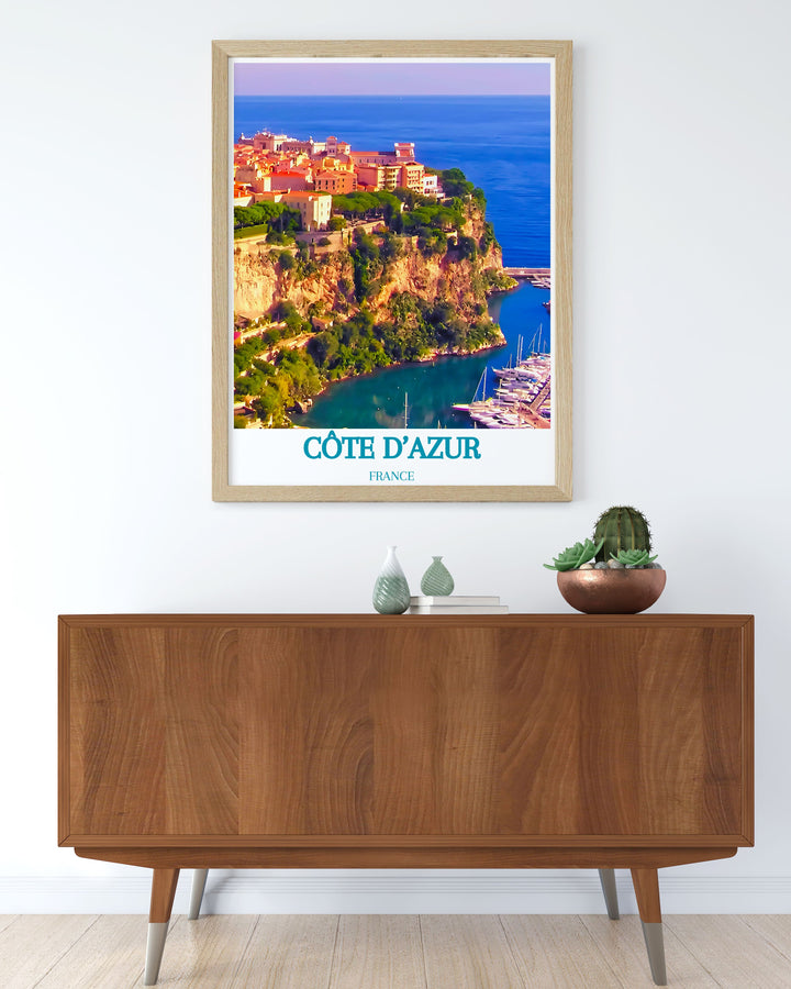 Gallery wall art of Le Rocher in the Côte dAzur, highlighting the picturesque scenery of the French Riviera. This print features the iconic promontory with the Princes Palace and vibrant coastal views, bringing the elegance and charm of Monaco into your home.