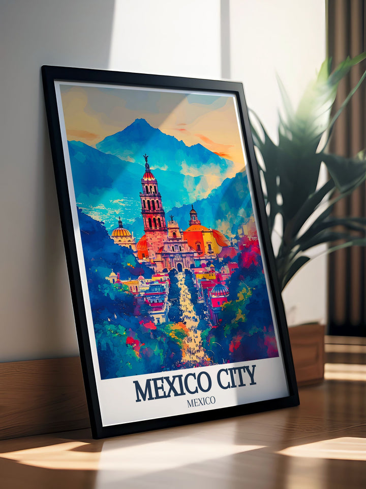 Unique Mexico City poster with Metropolitan cathedral Zocalo Chapultepec castle. This stunning travel print showcases the dynamic spirit and rich history of Mexico City perfect for home decor and thoughtful gifts.