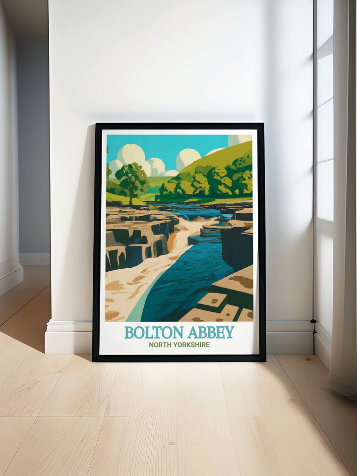 The Strid art print showcasing the breathtaking beauty of the Yorkshire Dales featuring the powerful and enigmatic stretch of the River Wharfe surrounded by lush greenery perfect for adding a touch of North Yorkshires natural wonder to your home decor.