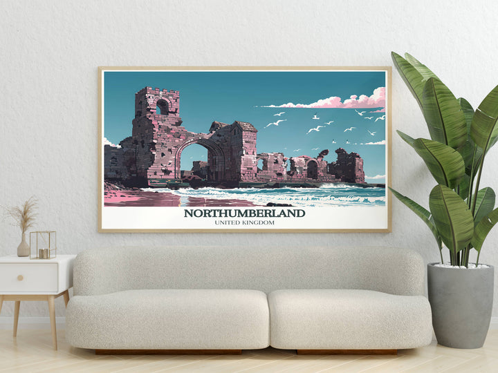 Bamburgh Castle and Holy Island of Lindisfarne Retro Travel Poster featuring the historical landmarks of Northumberland perfect for adding timeless elegance to your living space or as a unique gift for art and history enthusiasts