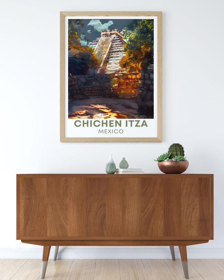 Add a touch of Mexican history to your home with this Chichen Itza wall art. This piece is ideal for those who love Mexico City decor and Chichen Itza vintage prints. A perfect gift for travel enthusiasts and history buffs alike.