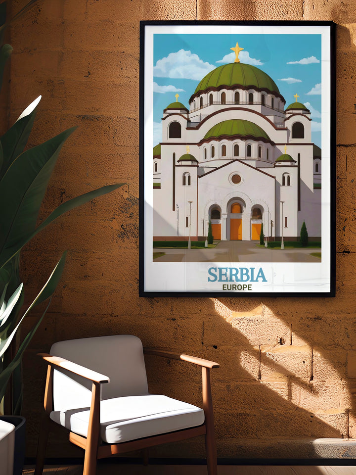 St. Sava Temple Modern Art prints designed to highlight the beauty and significance of this landmark ideal for adding elegance to your home decor and providing a unique gift option for art lovers and travelers