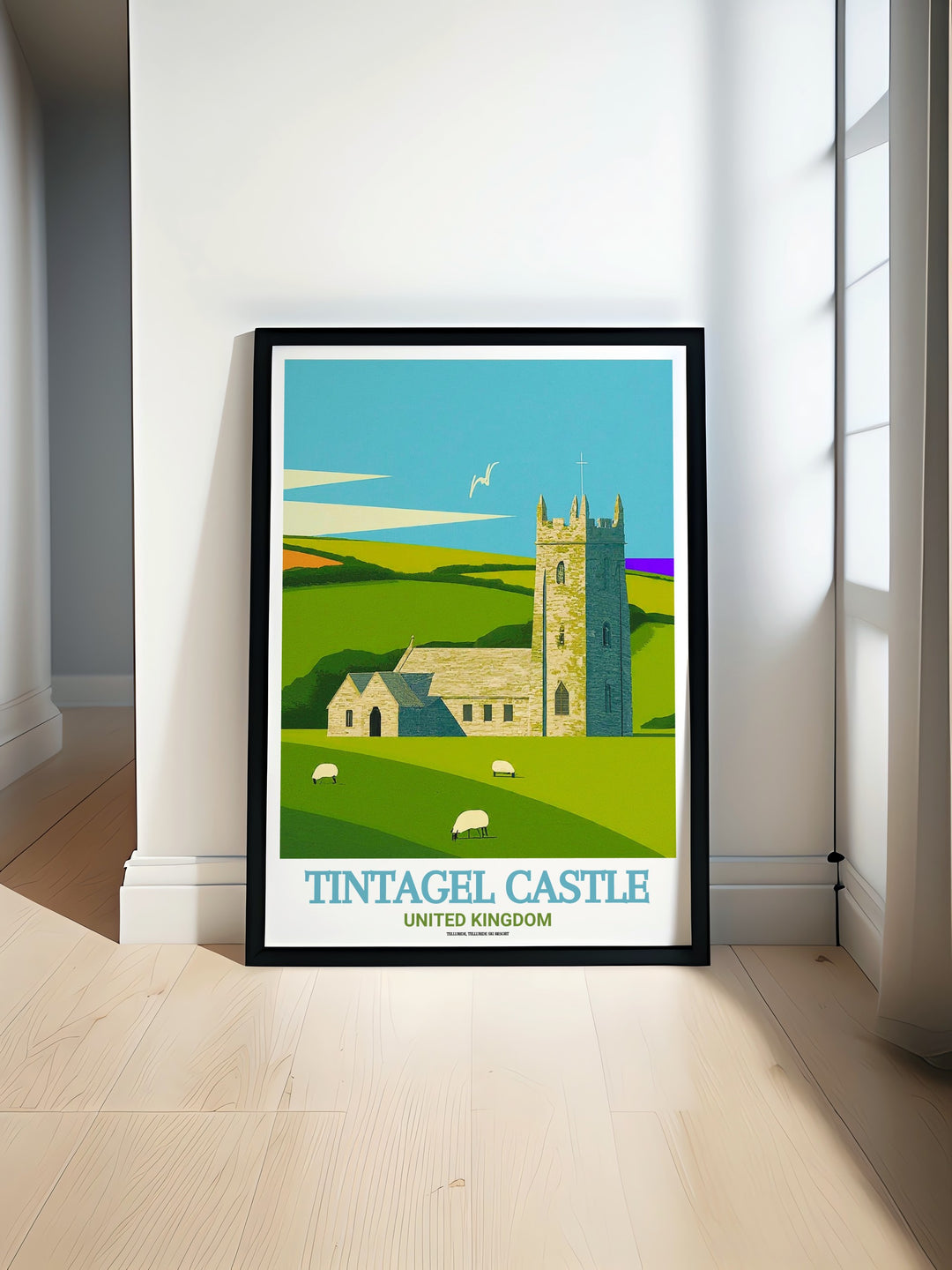 Wall Poster of Tintagel Castle and St. Materianas Church, celebrating the fusion of ancient ruins and peaceful countryside. The print captures the powerful imagery of Cornwalls cliffs and the quiet charm of its historic church.